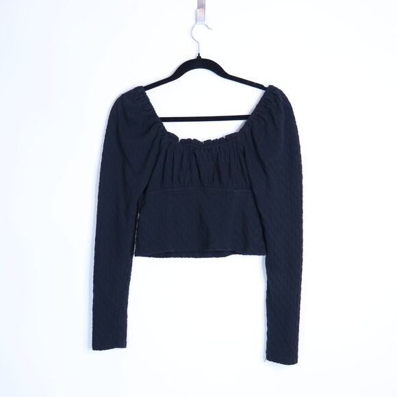 FREE PEOPLE Ladybug Long Sleeve Top Black Textured Ruffle Crop Women's S - Picture 2 of 10